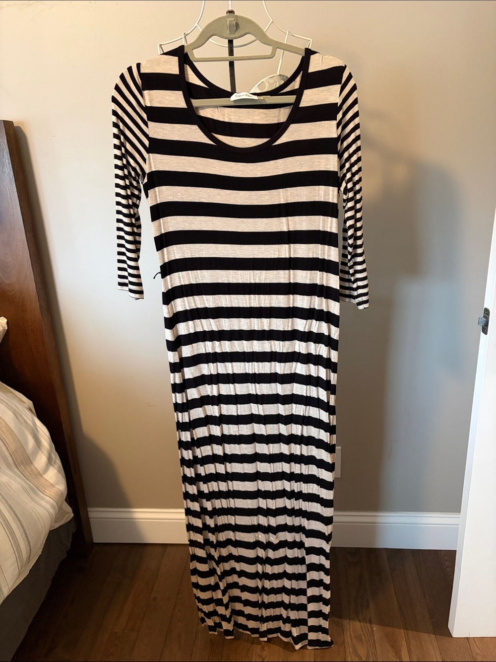 Calvin Klein Black and Cream Striped Maxi Dress